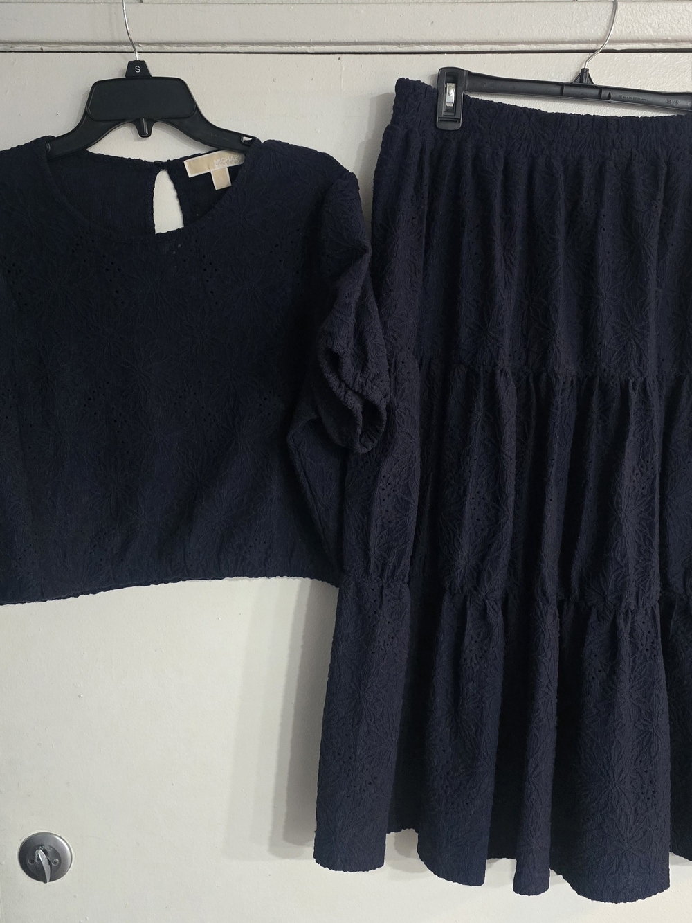 Women's MICHAEL KIRS Navy Eyelet Tiered 2 PC SHIRT/Skirt - Classic Navy.